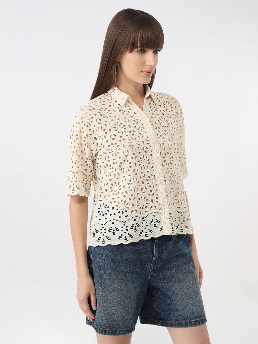 Women Ivory Slim Crop Shirt