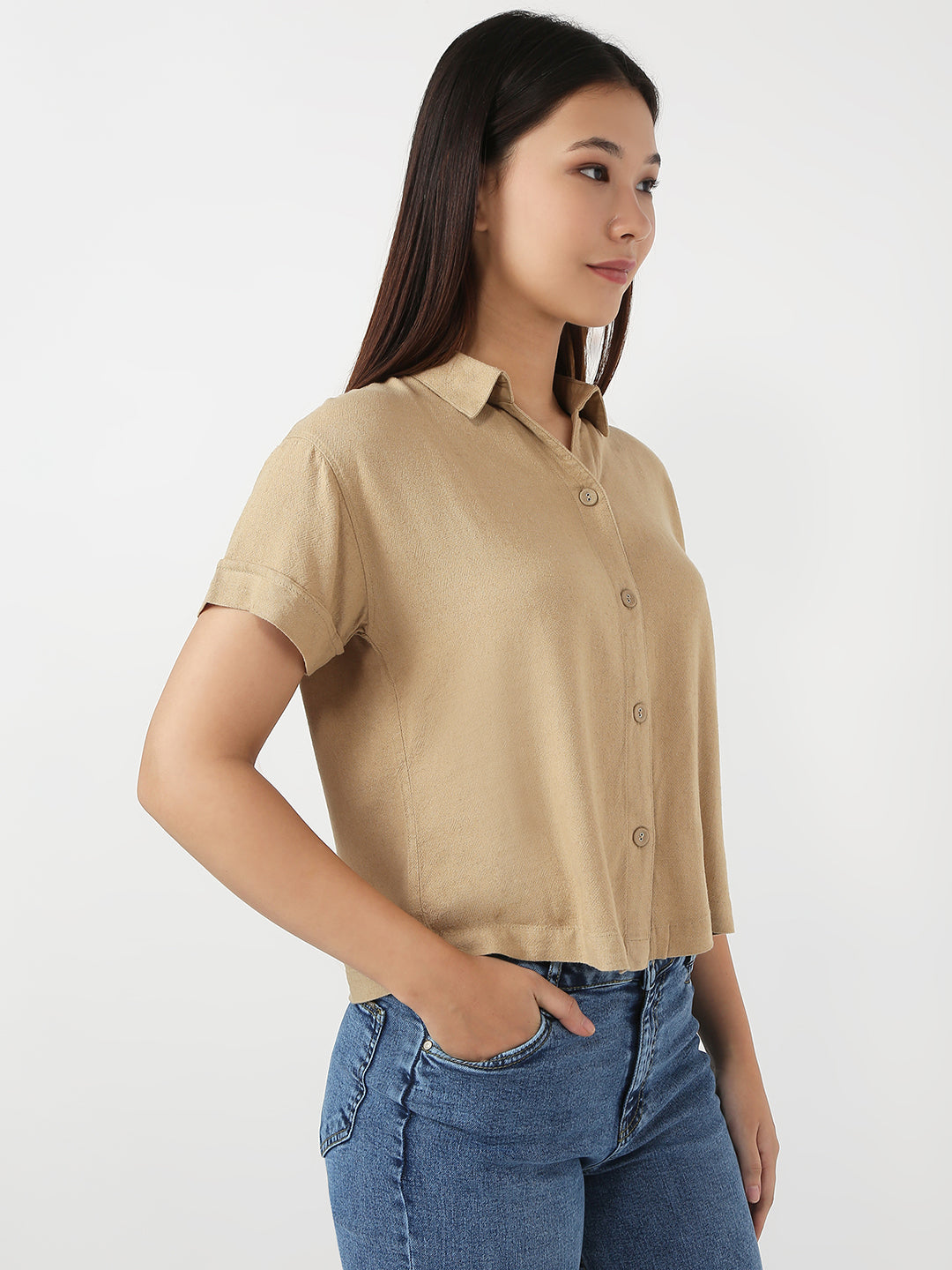 Women Light Brown Crop Shirt