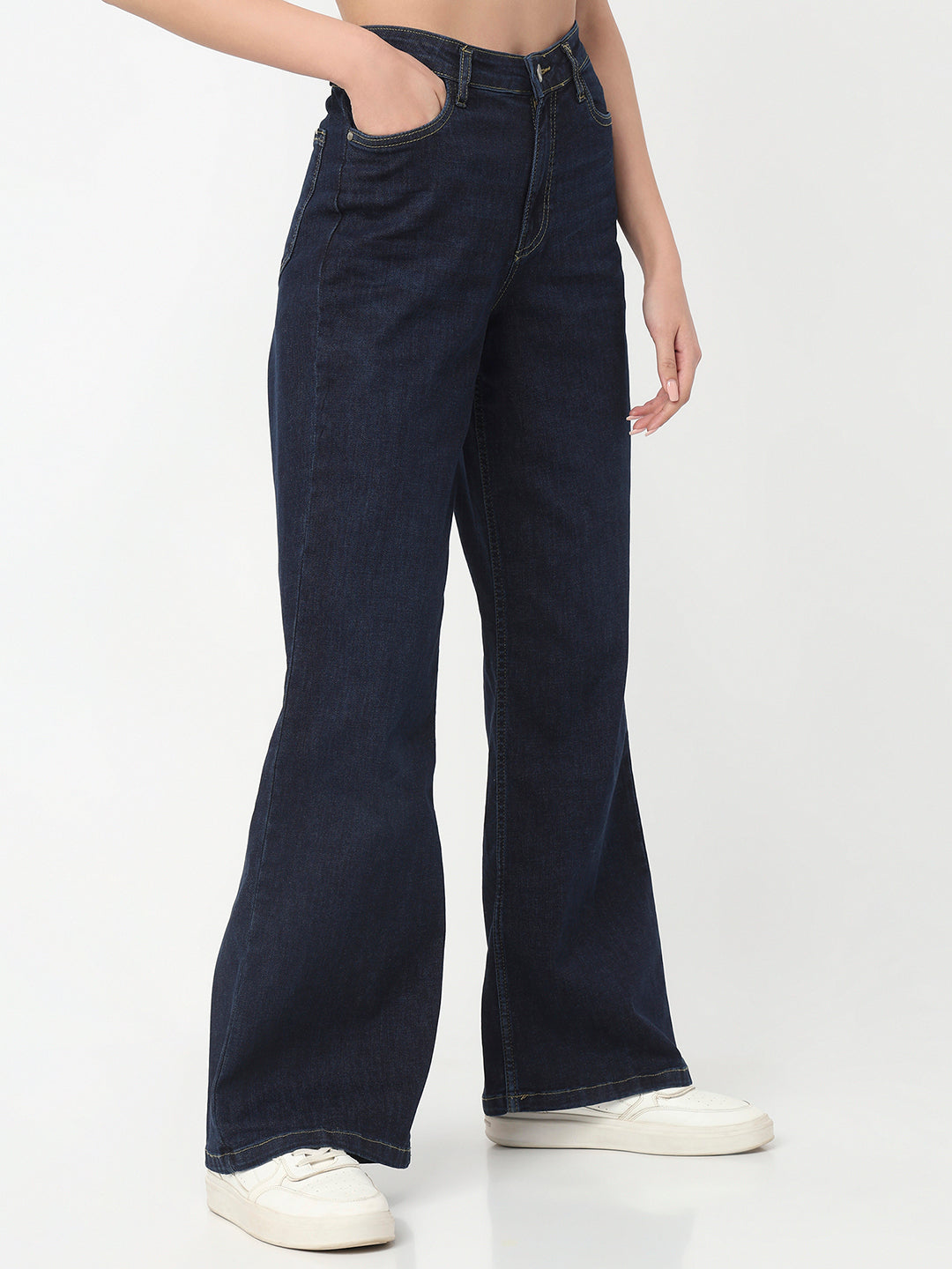 Women Dark Blue High-Rise Super Wide Leg Jeans