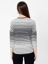 Women Black & White Striped Three-Quarter Sleeves T-Shirts