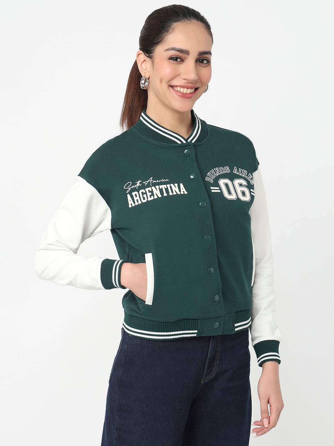 Women Bottle Green/Off White Varsity Jacket