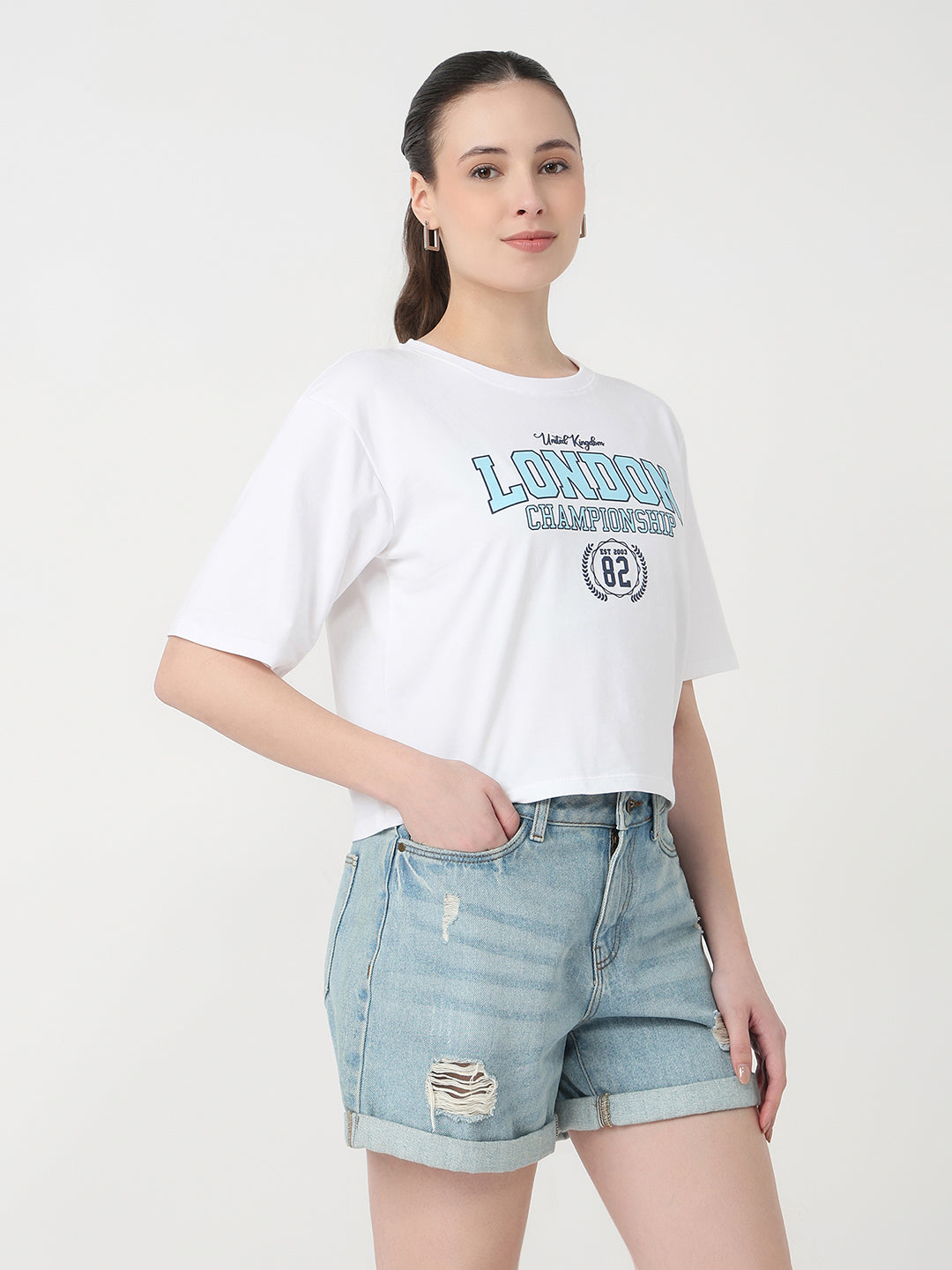 Women White Slim Fit Graphic Crop T-Shirt