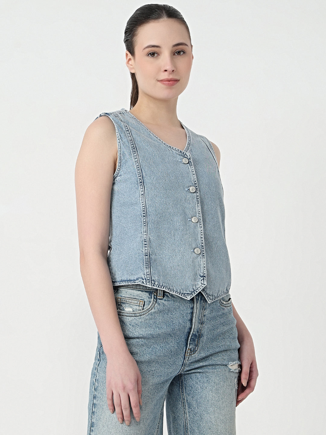 Women Light Blue Slim Fit Vest