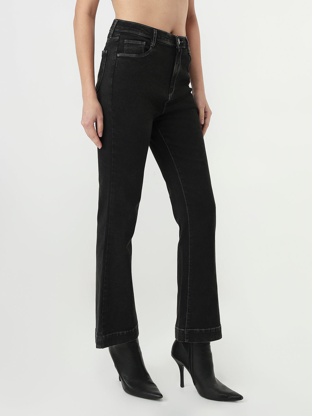 Women Charcoal Black High-Rise Flare Jeans