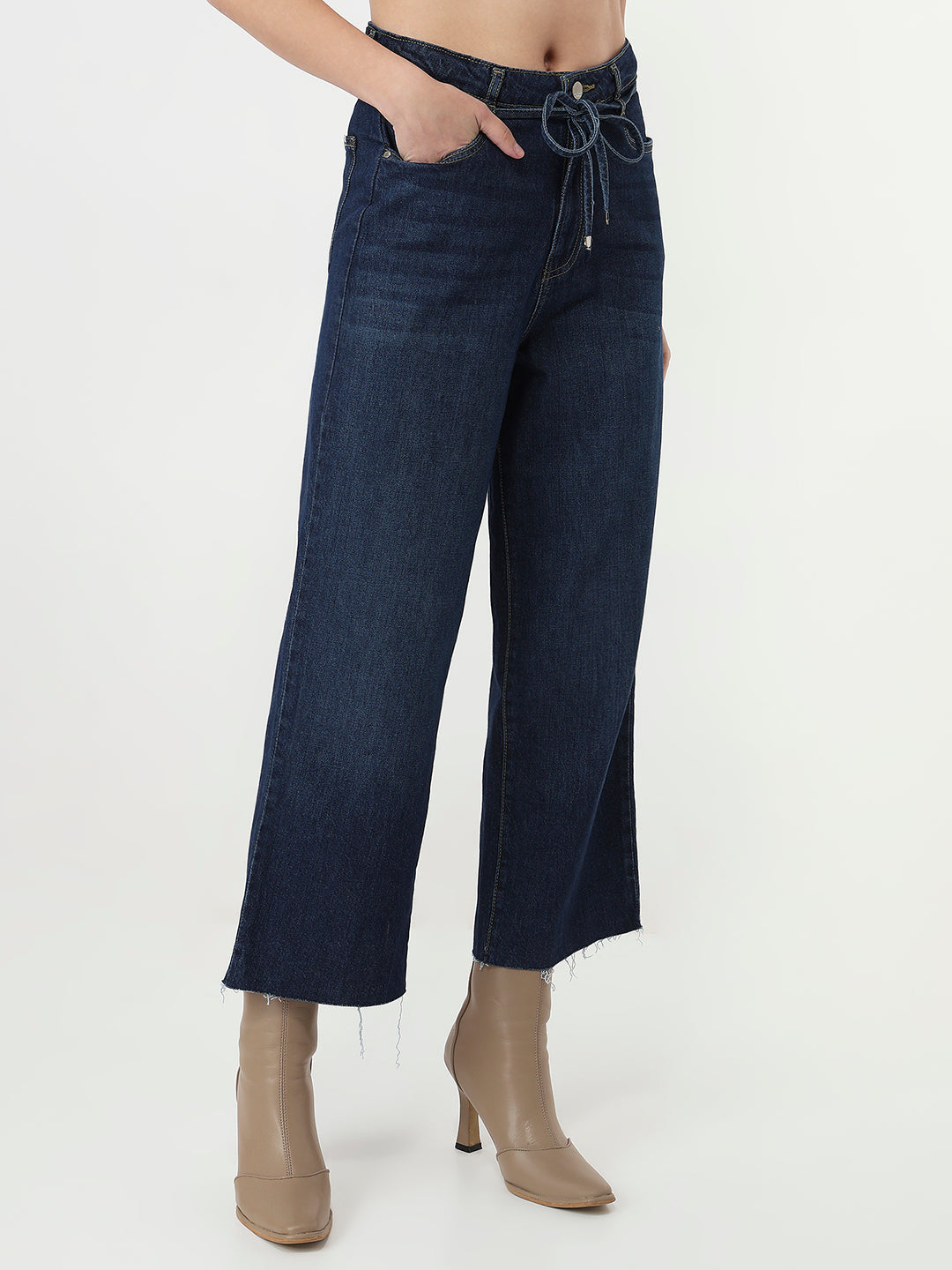 Women Blue Crop Wide Leg Jeans