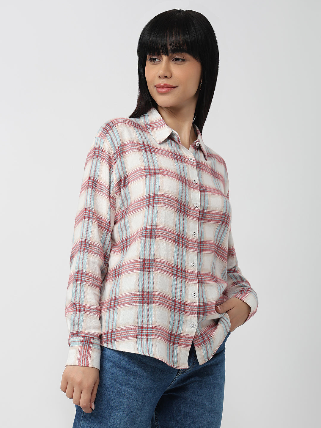 Women Red/Ivory Slim Fit Oversized Shirt