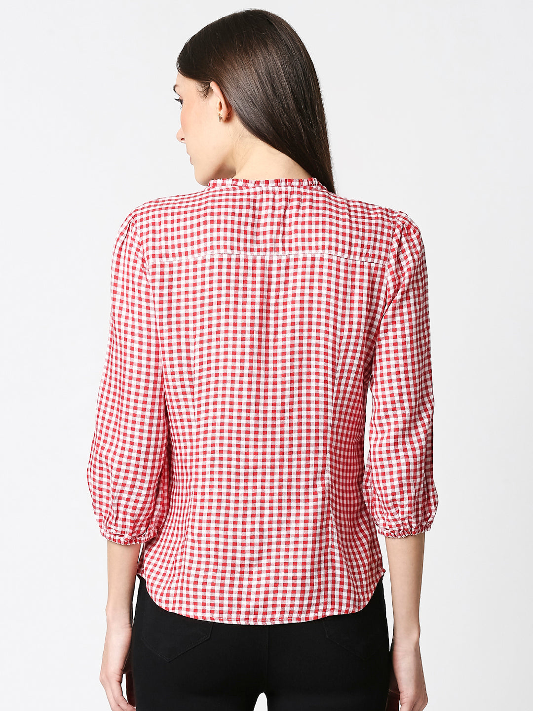 Women Gingham Checked With Tie-Up Neckline Top