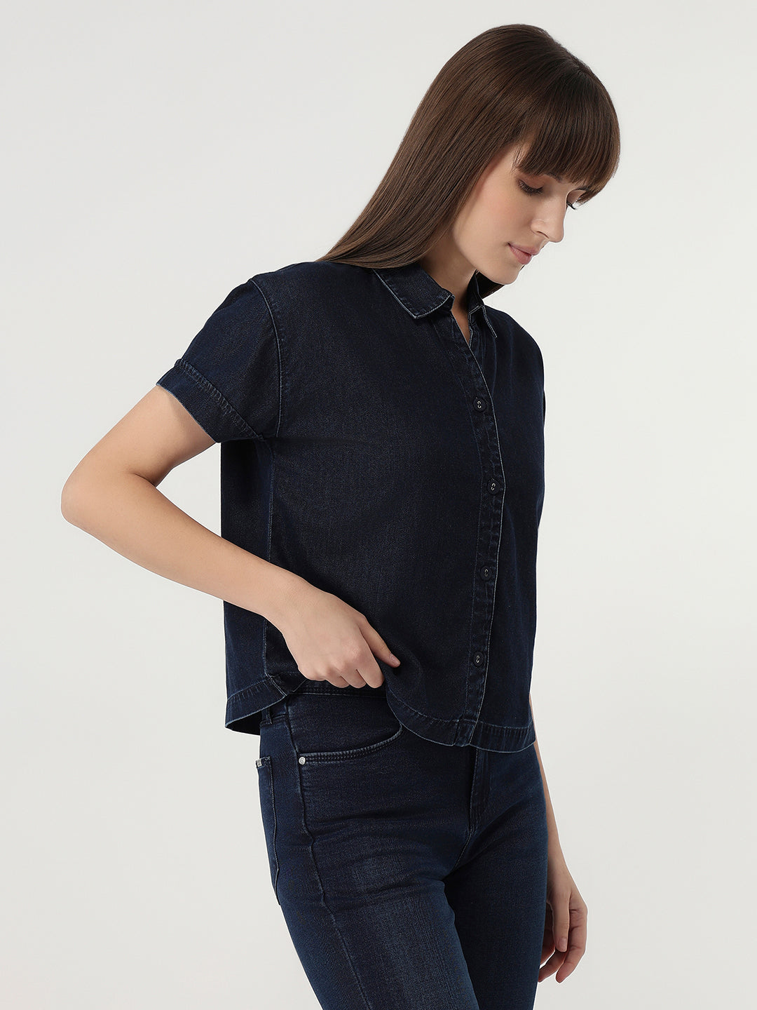 Women Dark Blue Denim Crop Shirt