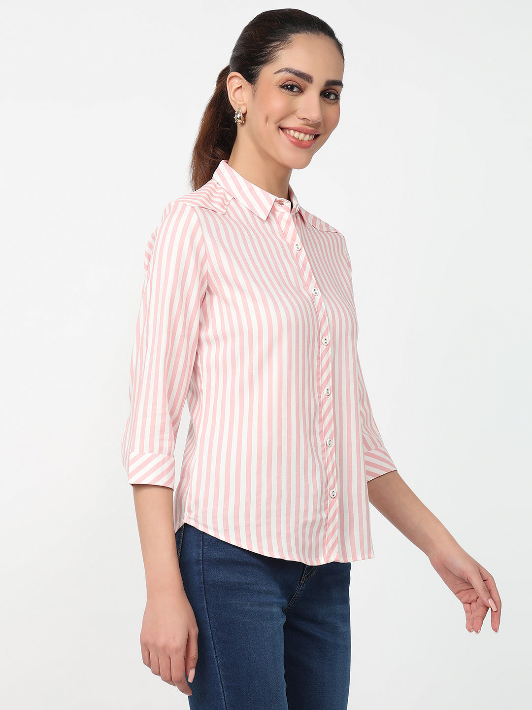 Women Peach Pink/White Striped Shirt