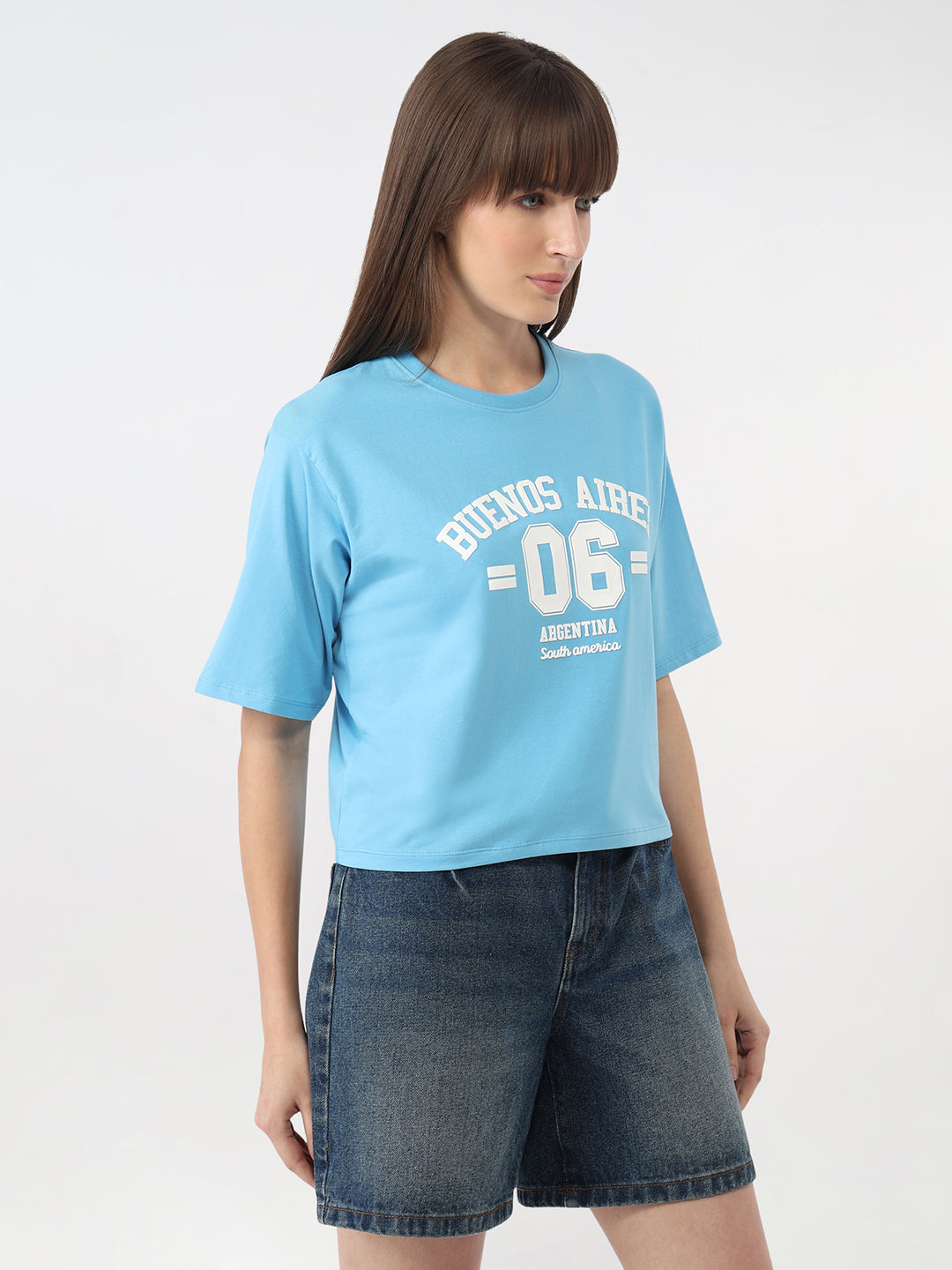 Women Sky Blue Graphic Crop T-Shirt
