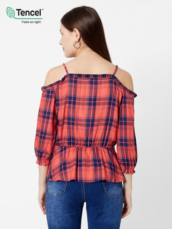 Women Checked Strappy Cold-Shoulder Peplum Top