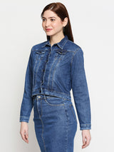 Women Blue Solid Full Length Jackets & Shrugs