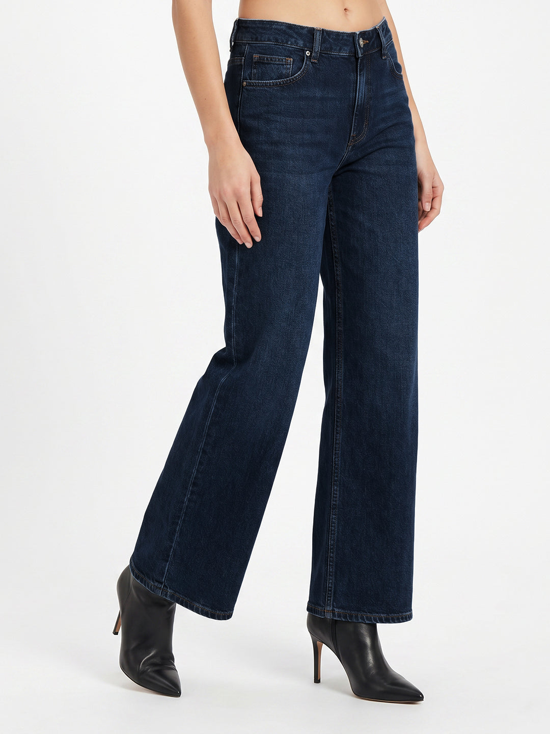 Women Dark Blue High-Rise Crop Wide Leg Jeans