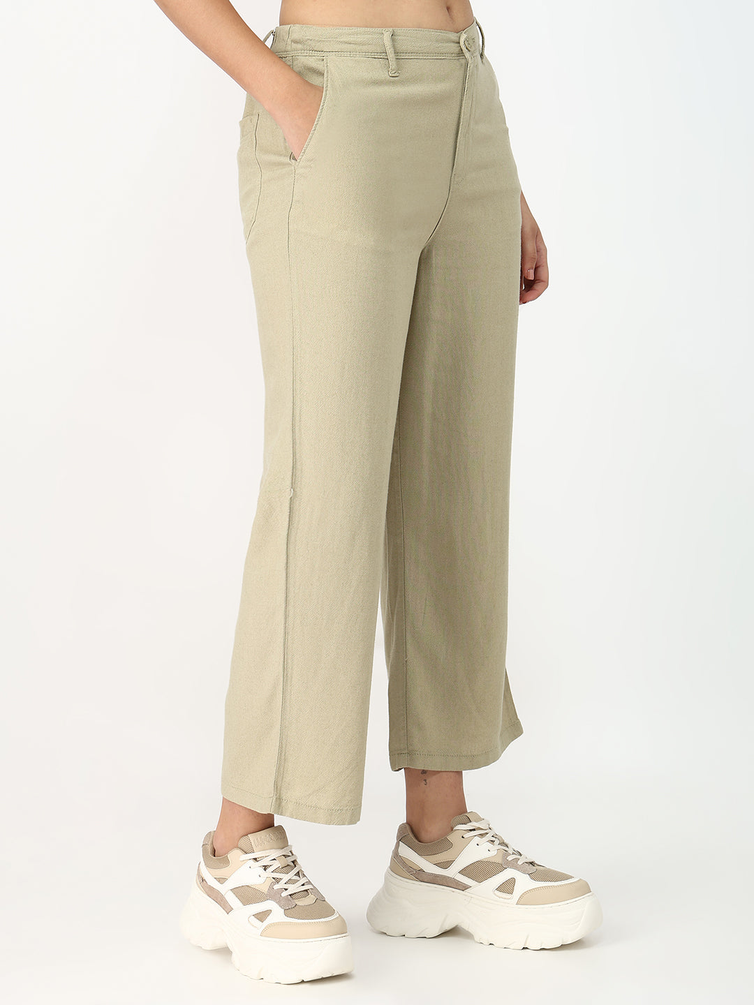 Women Light Olive Crop Wide Leg Trousers