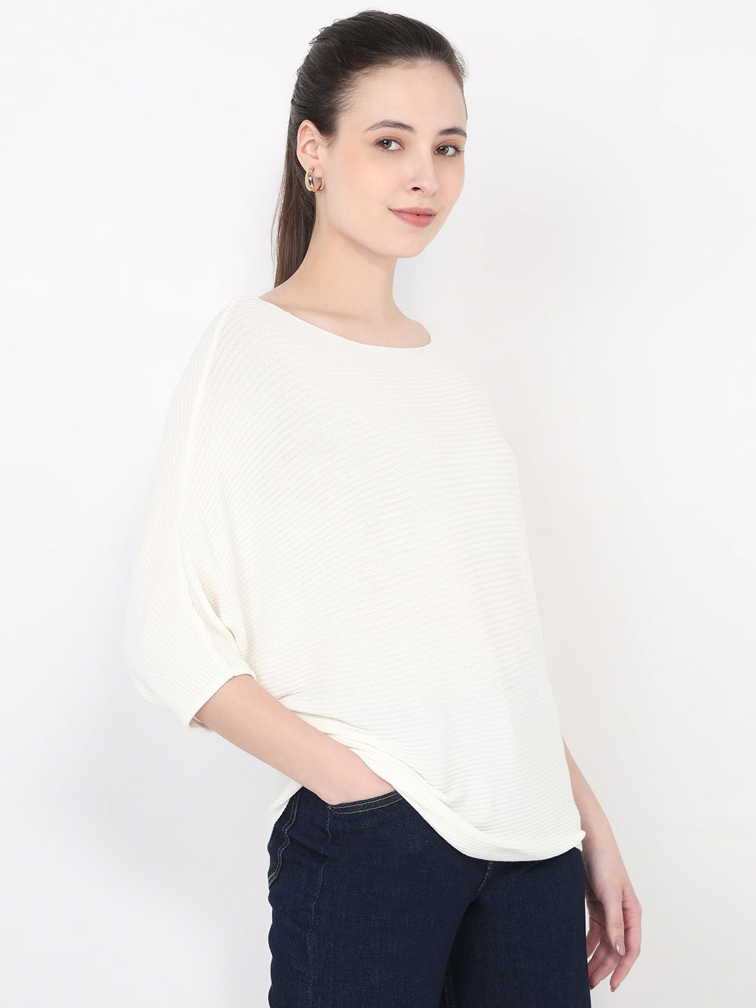 Women Off White Slim Batsleeve Top