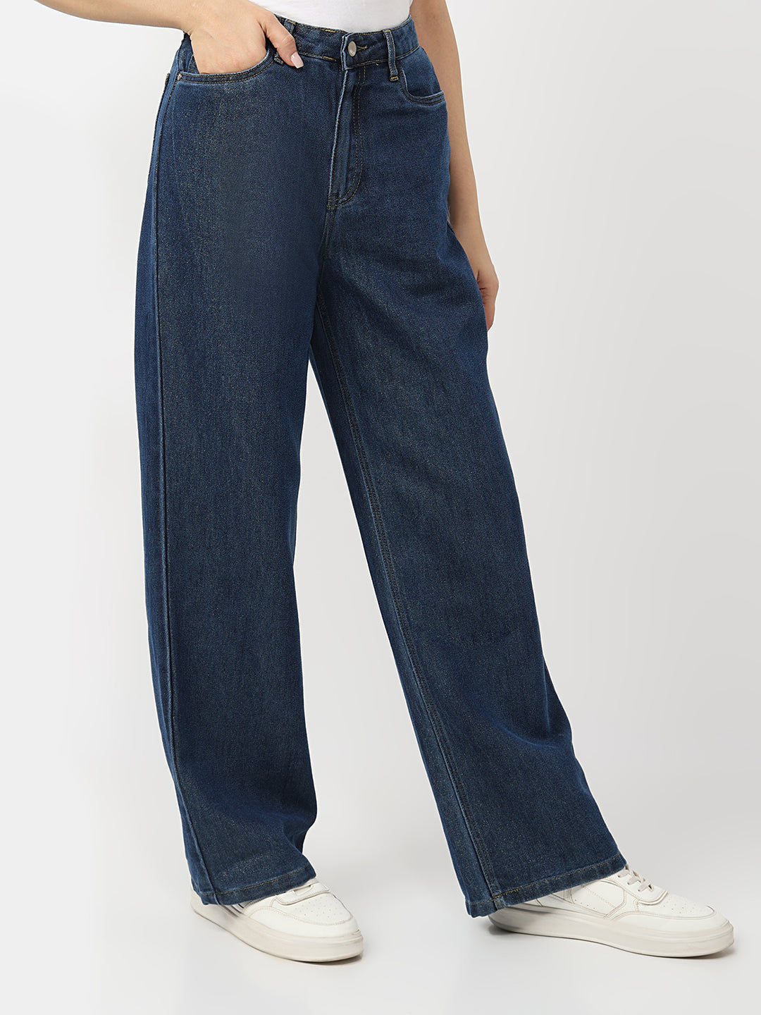Women Dark Blue High-Rise Wide Leg Shimmer Jeans
