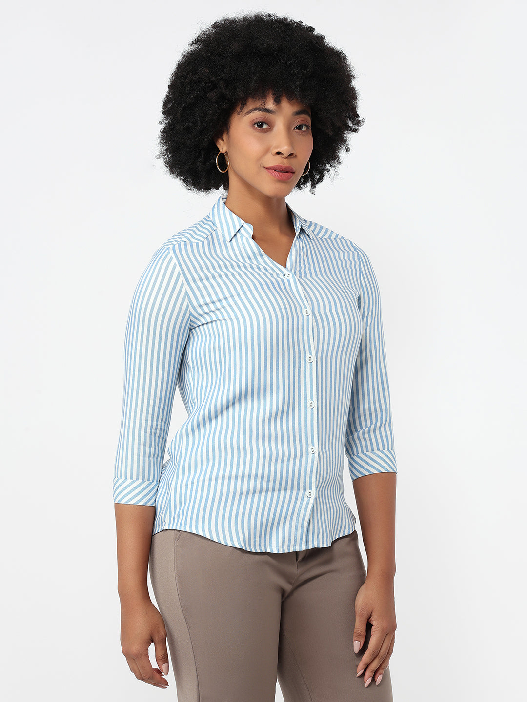Women Sky/White Slim Fit Shirt
