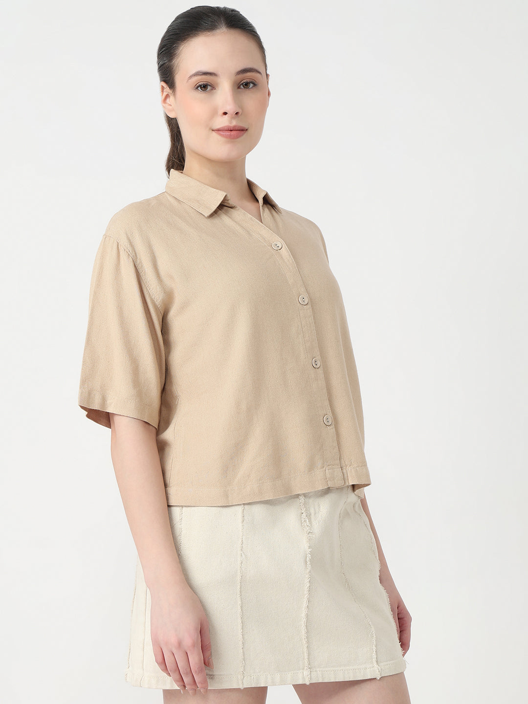 Women Oatmilk Slim Fit Crop Shirt