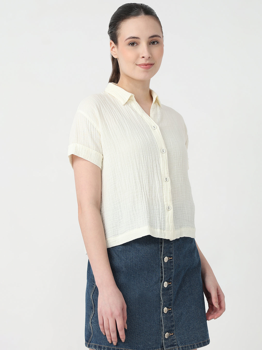 Women Ivory Slim Fit Crop Shirt