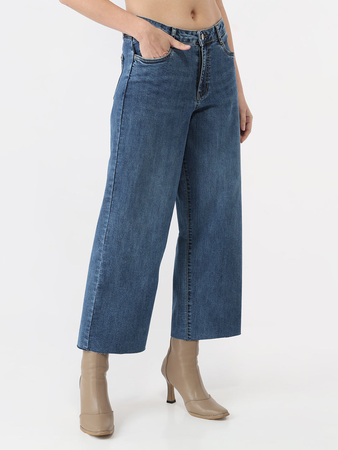 Women Blue High-Rise Crop Wide Leg Jeans
