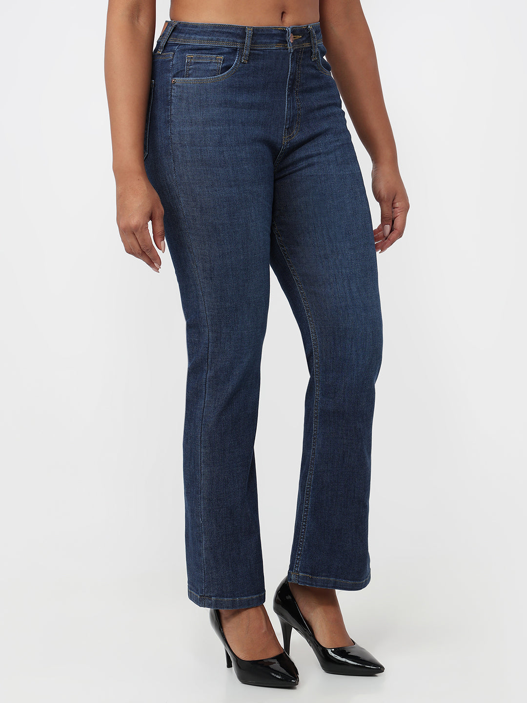 Women Dark Blue High-Rise Mini Flare Jeans