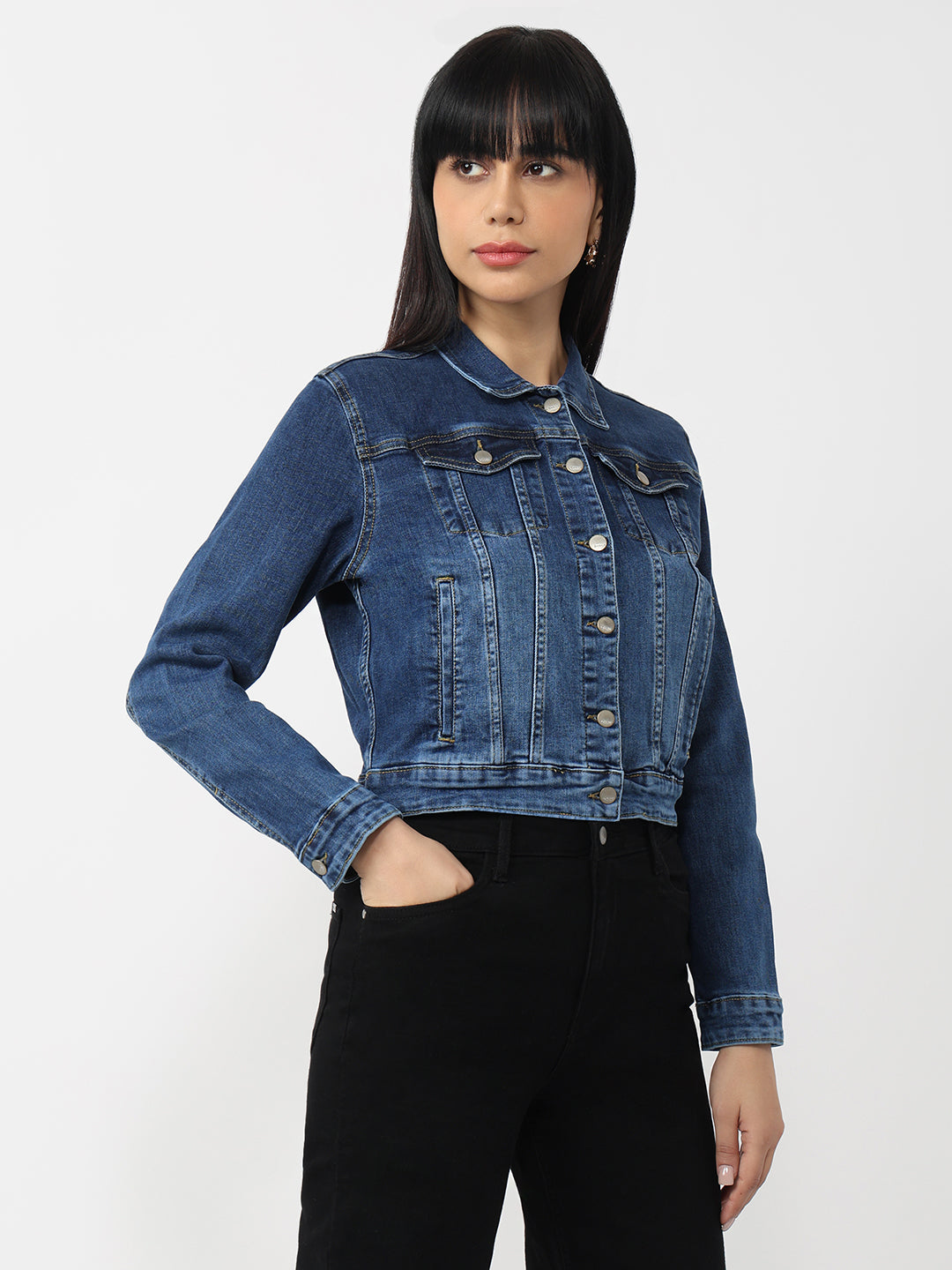 Women Light Blue Denim Slim Fit Jacket