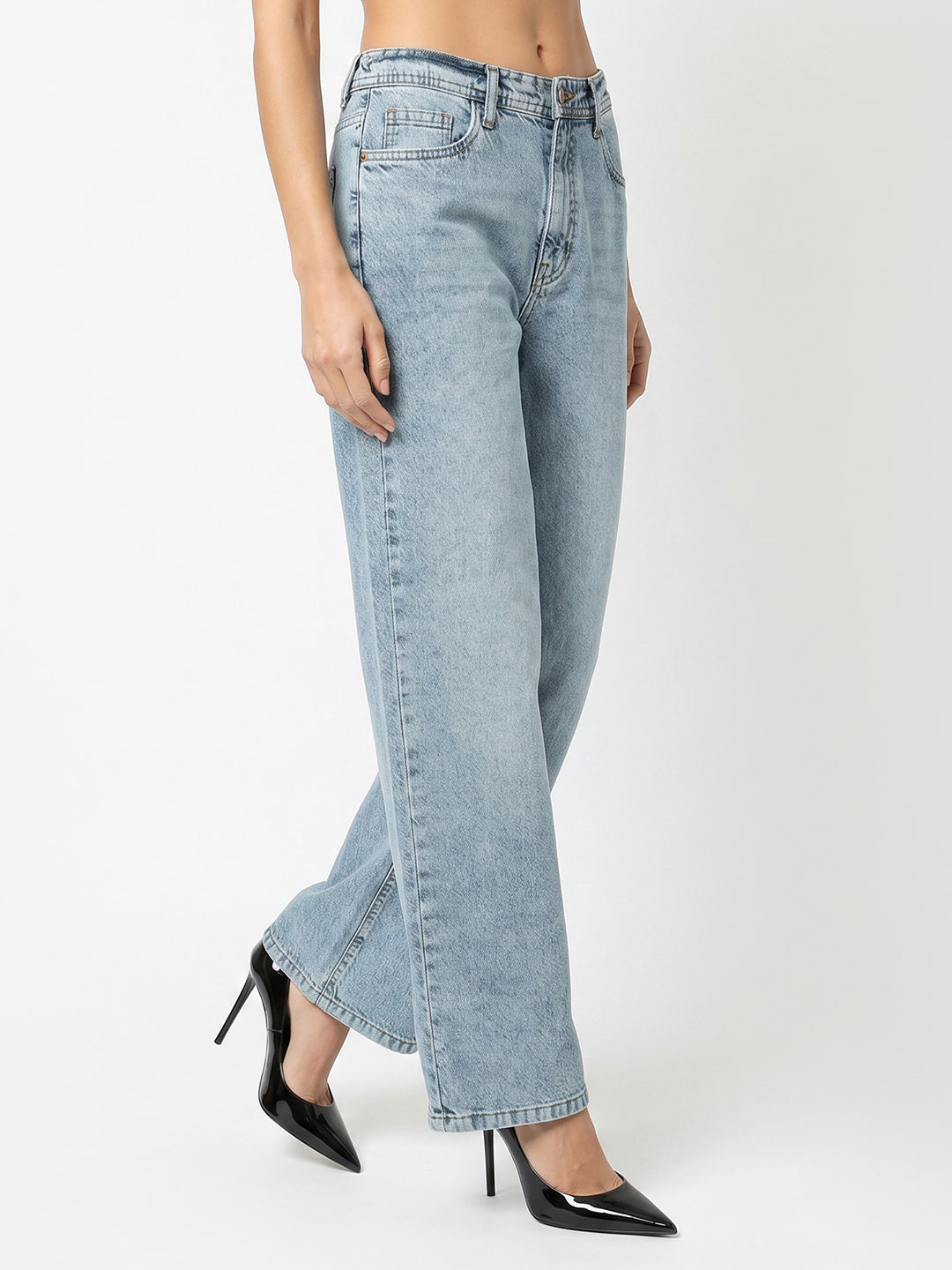 Women Light Blue High-Rise Wide Leg Jeans