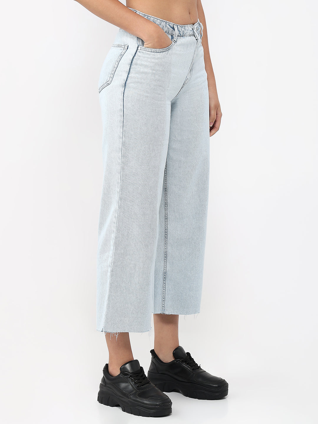 Women Light Blue High-Rise Crop Wide Leg Jeans