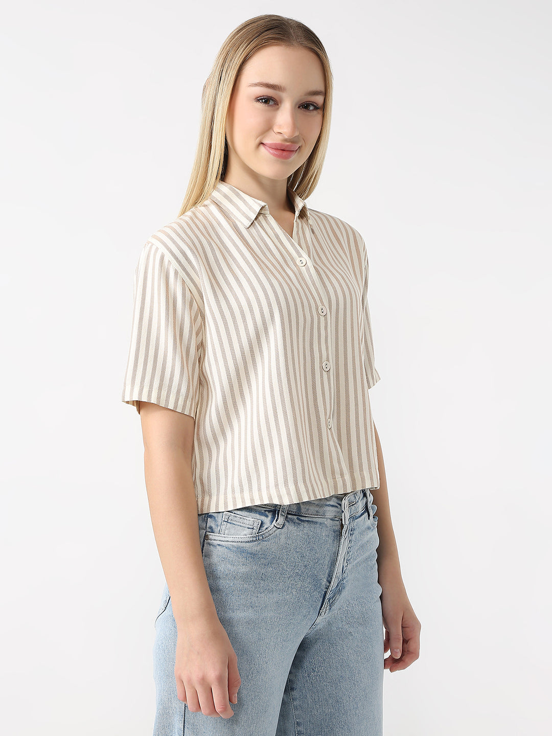 Women Beige/Ivory Crop Stripe Shirt