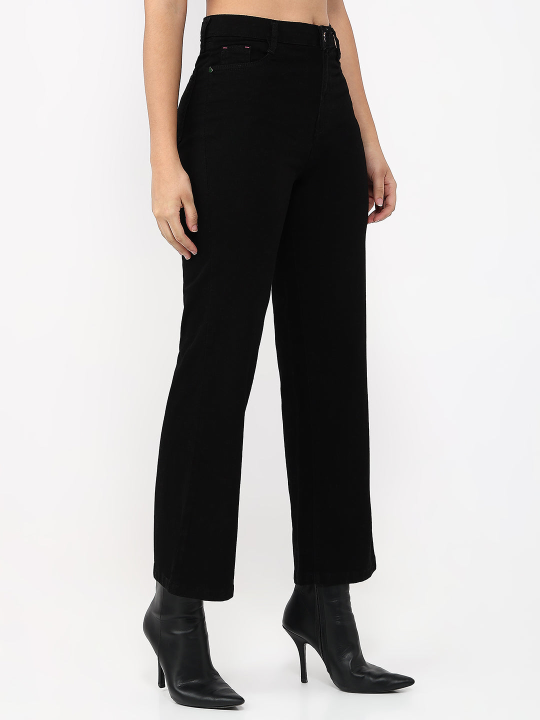 Women Black High-Rise Crop Wide Leg Jeans