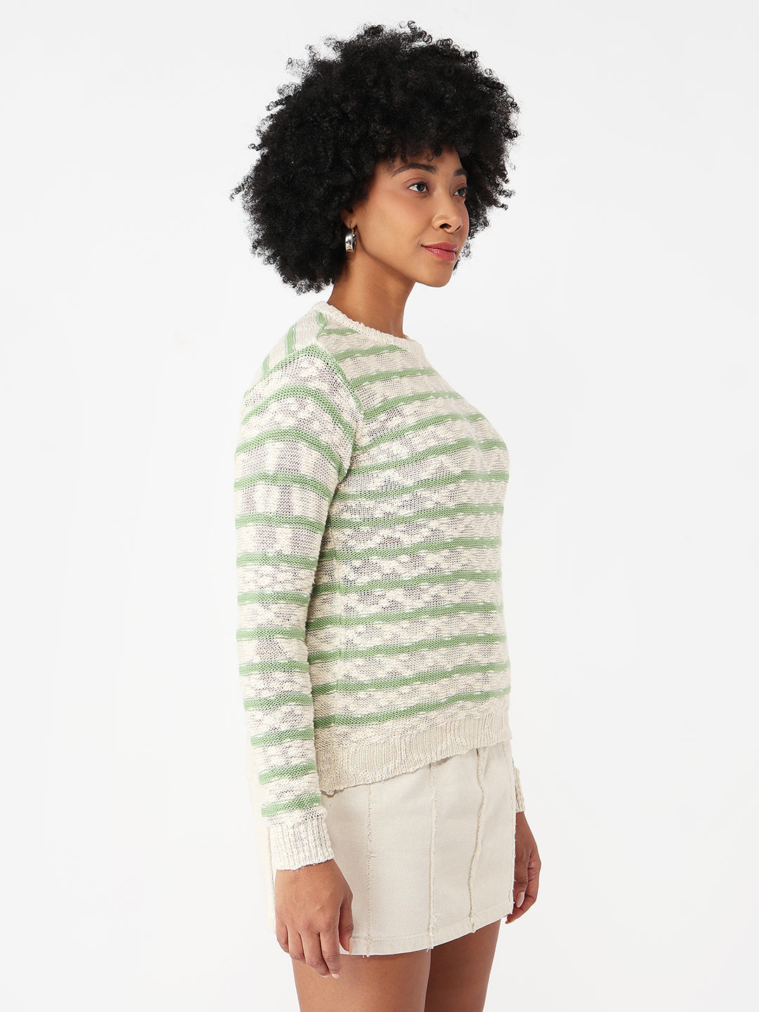 Women Off White/Green Slim Fit Sweater