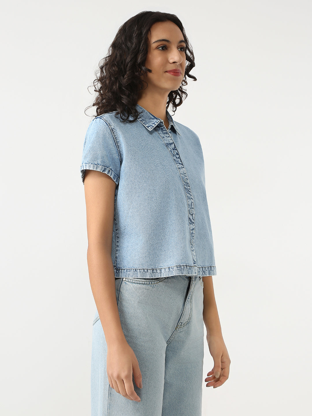 Women Light Blue Crop Denim Shirt