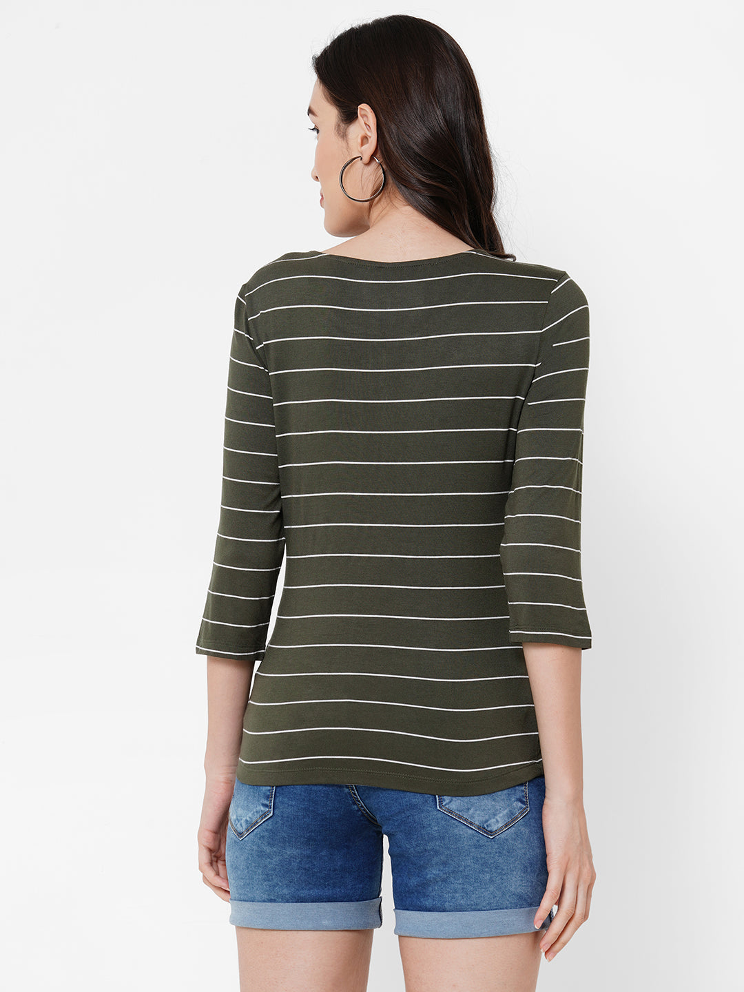 Women Olive Striped Slim T-Shirt
