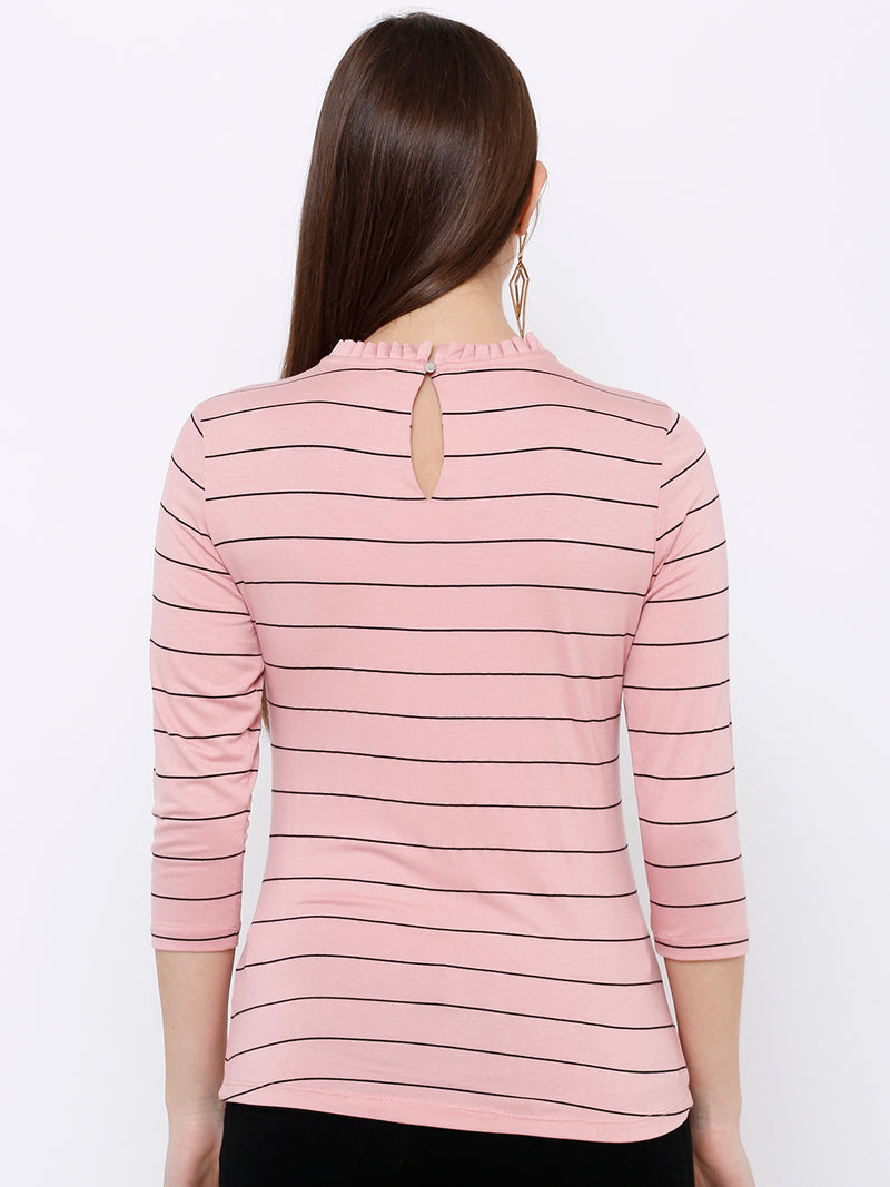 Women Blush Pink Striped Three-Quarter Sleeves T-Shirts