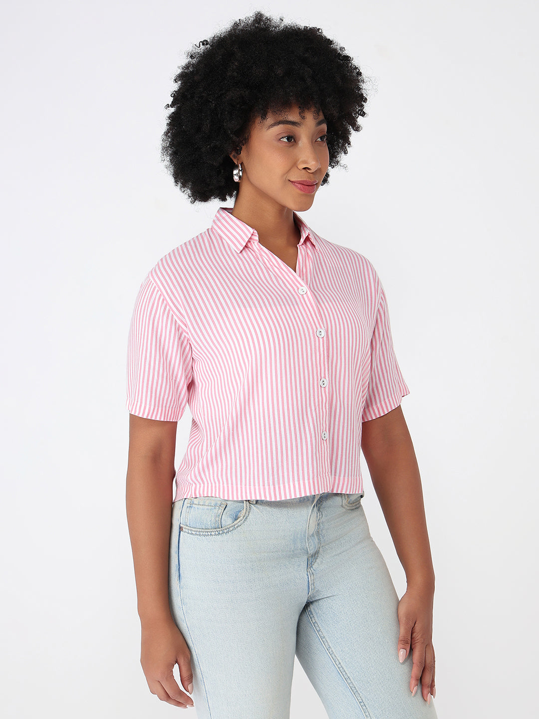 Women Pink/White Crop Slim Shirt
