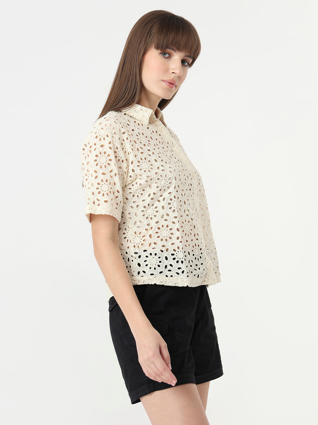 Women Ivory Slim Fit Crop Shirt