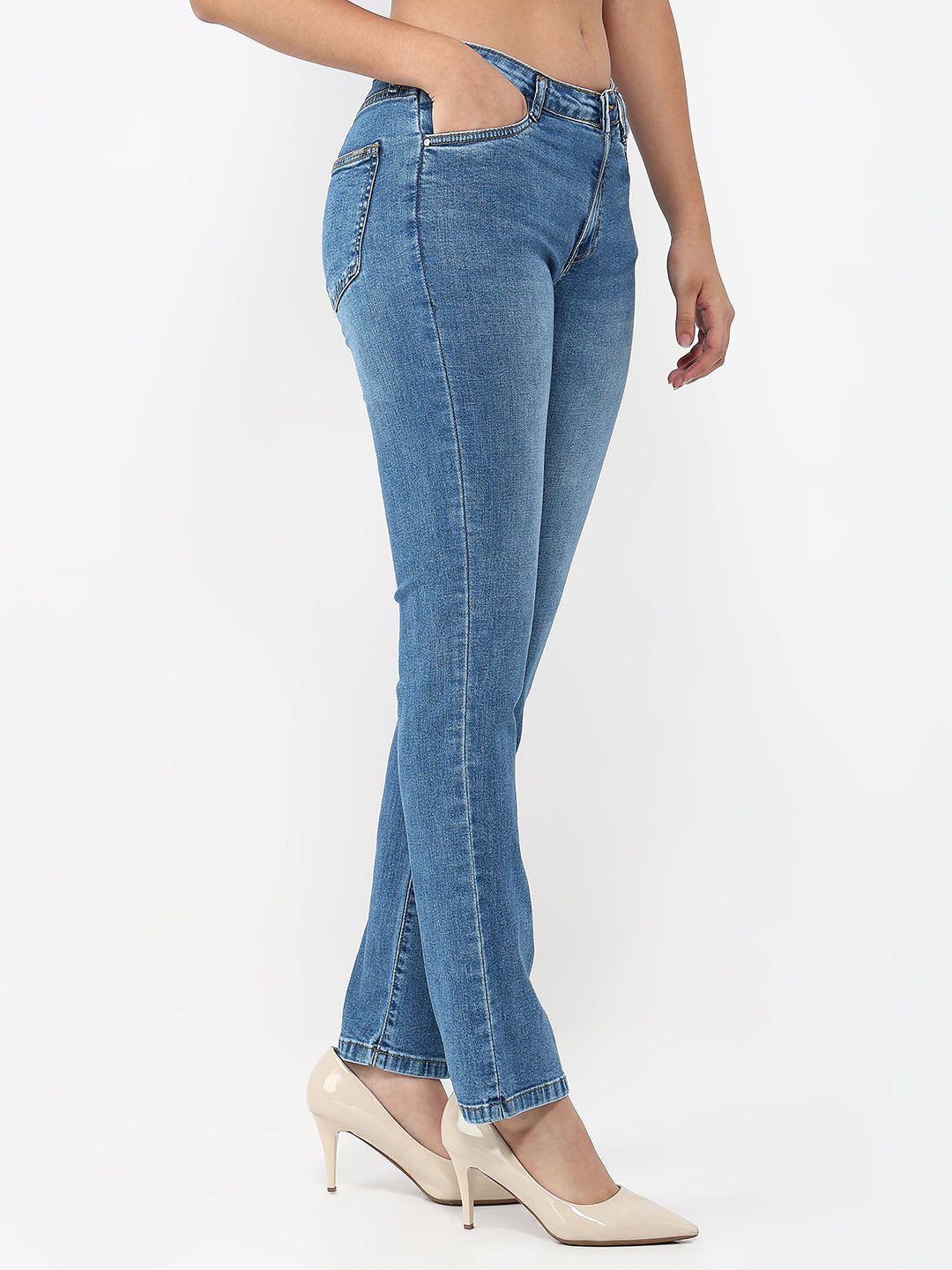 Women Blue High-Rise Slim Straight Jeans