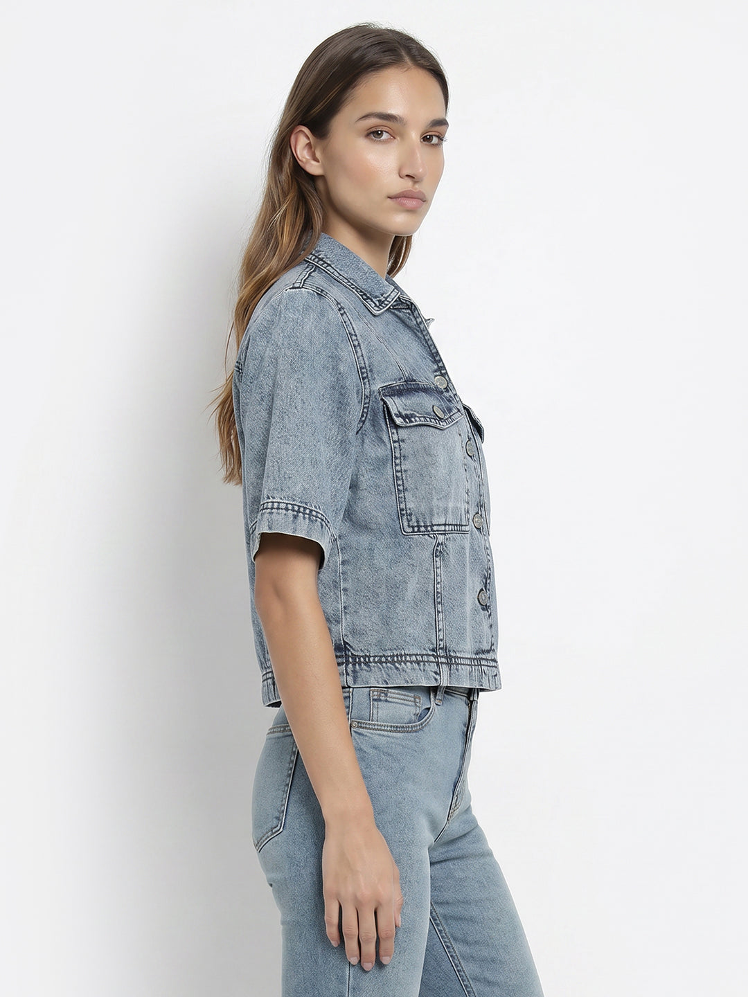 Women Blue Crop Shirt
