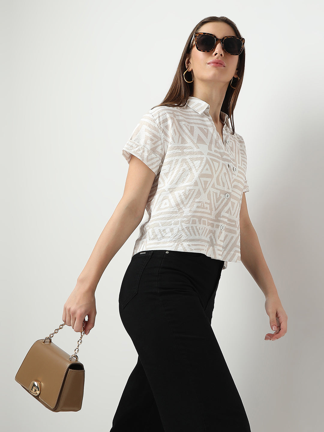 Women Beige/White Crop Shirt