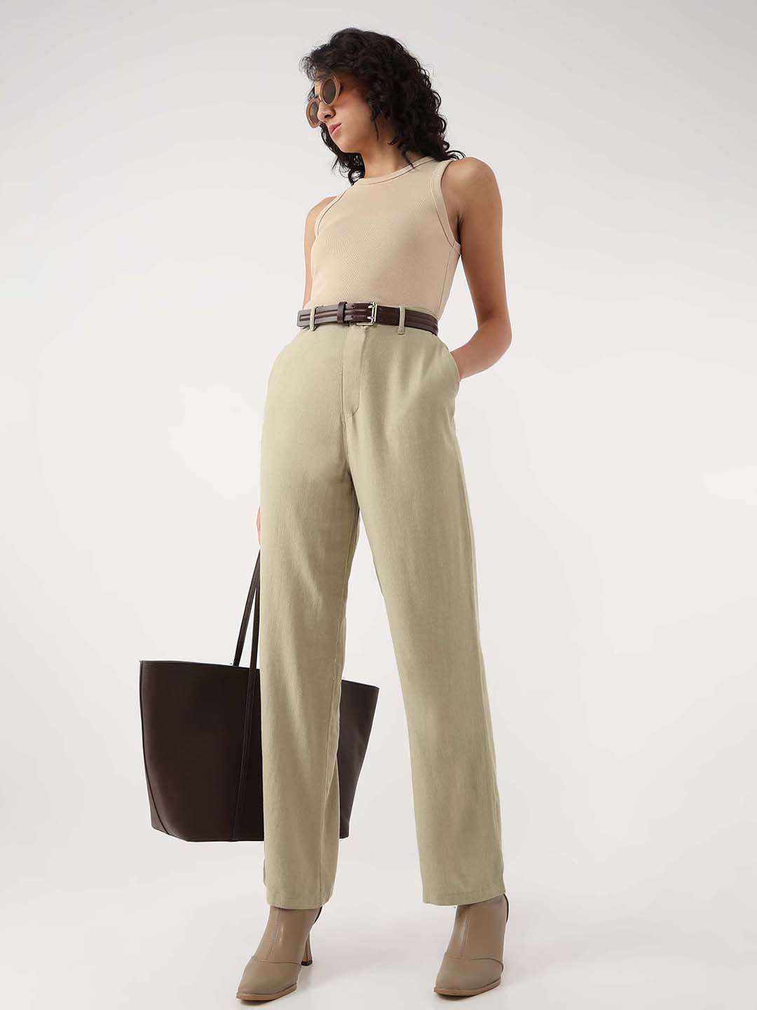 Women Light Olive Loose Straight Fit Korean Pants