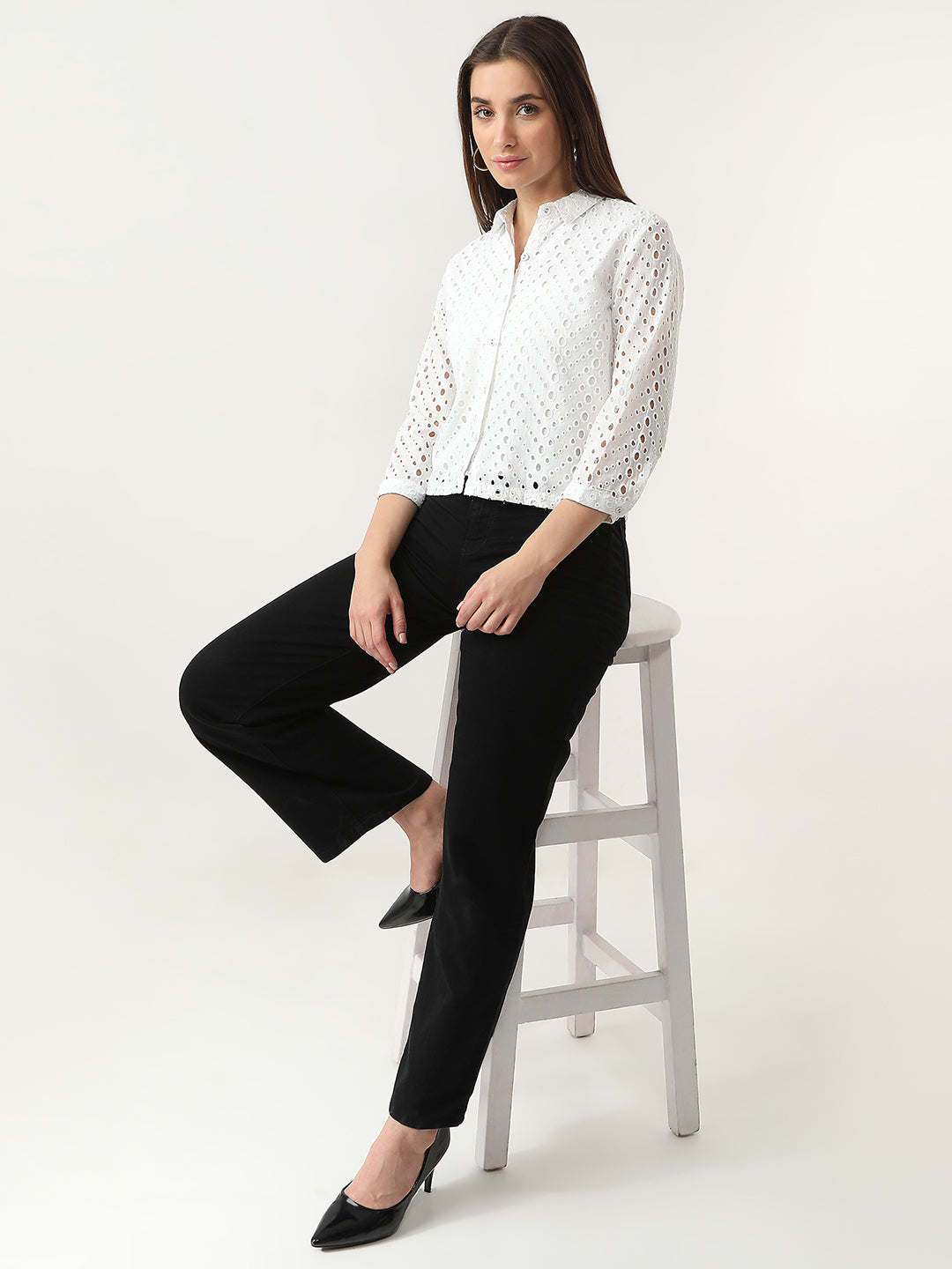 Women Bleach White Crop Schiffli Shirt