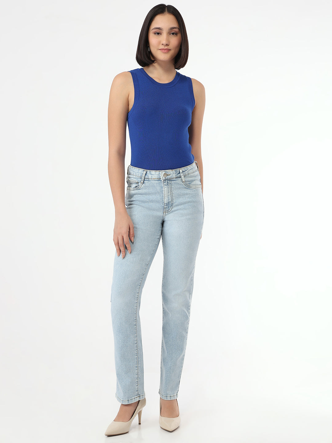 Women Light Blue High-Rise Slim Straight Jeans