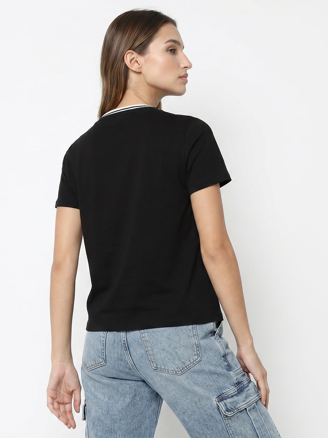 Women Black Graphic Crop Tees