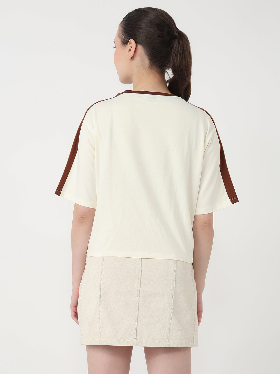 Women Ivory Slim Fit Graphic Crop T-Shirt