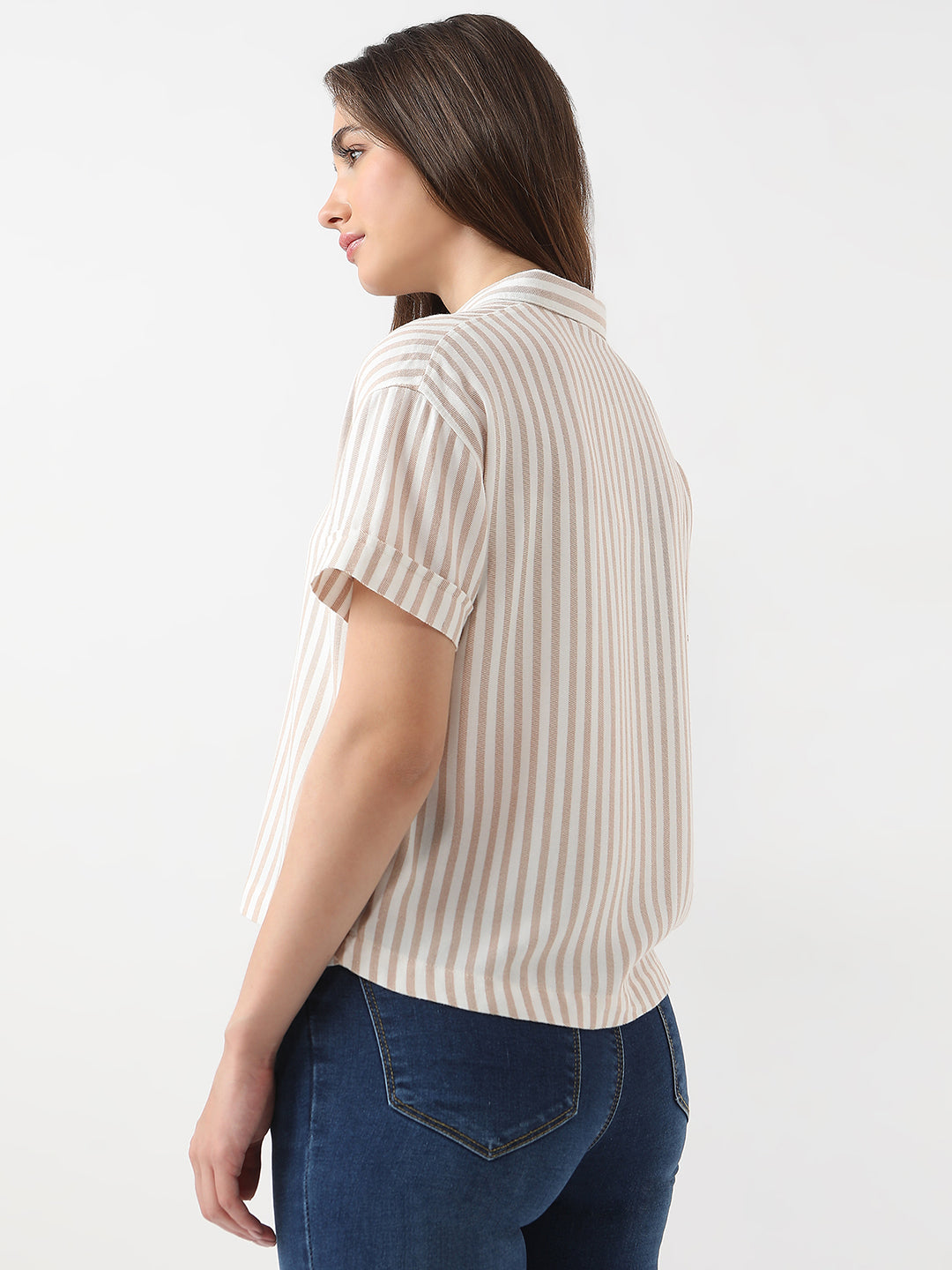 Women Beige/White Crop Stripe Shirt