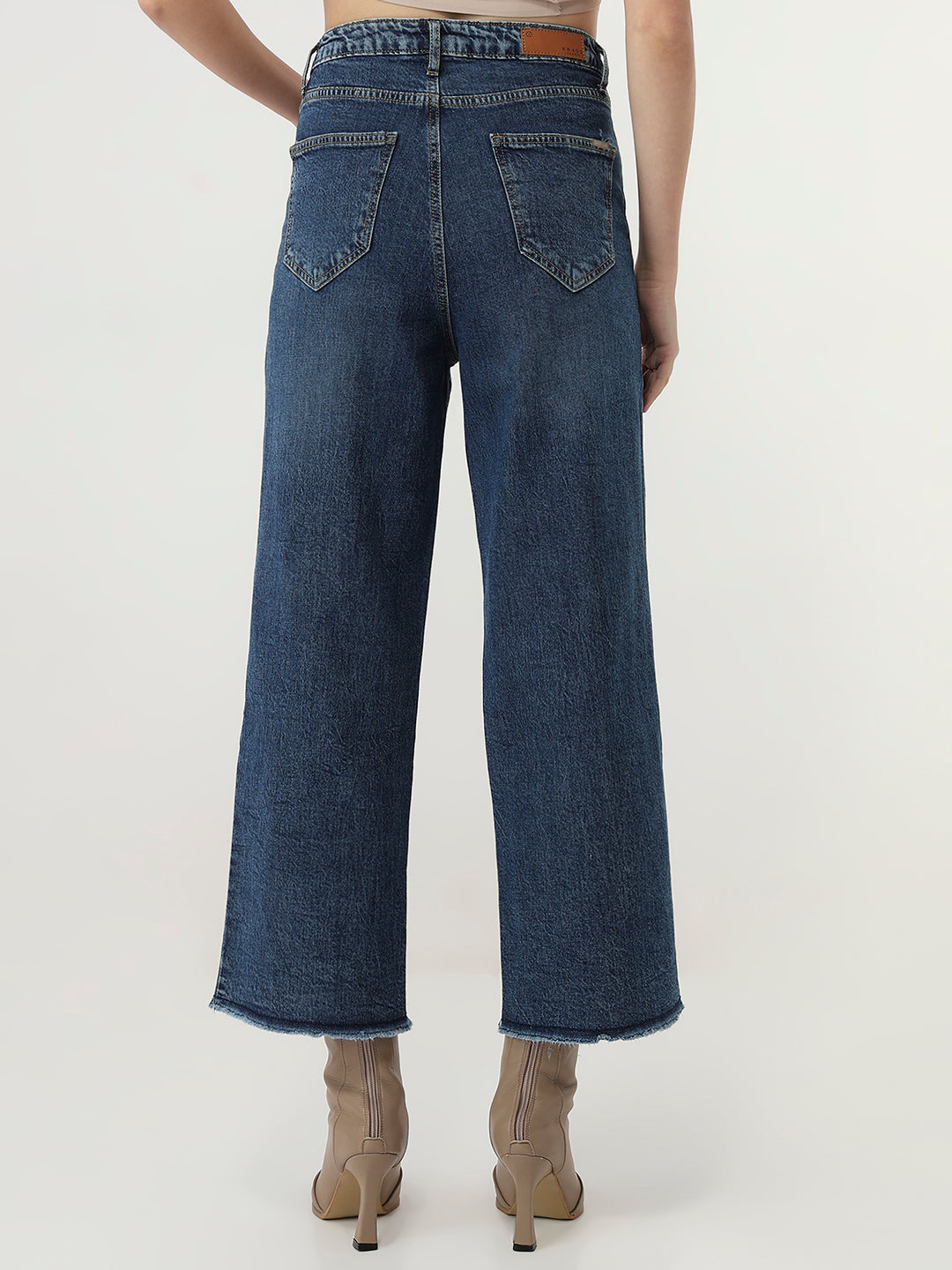 Women Blue High-Rise Crop Wide Leg Jeans