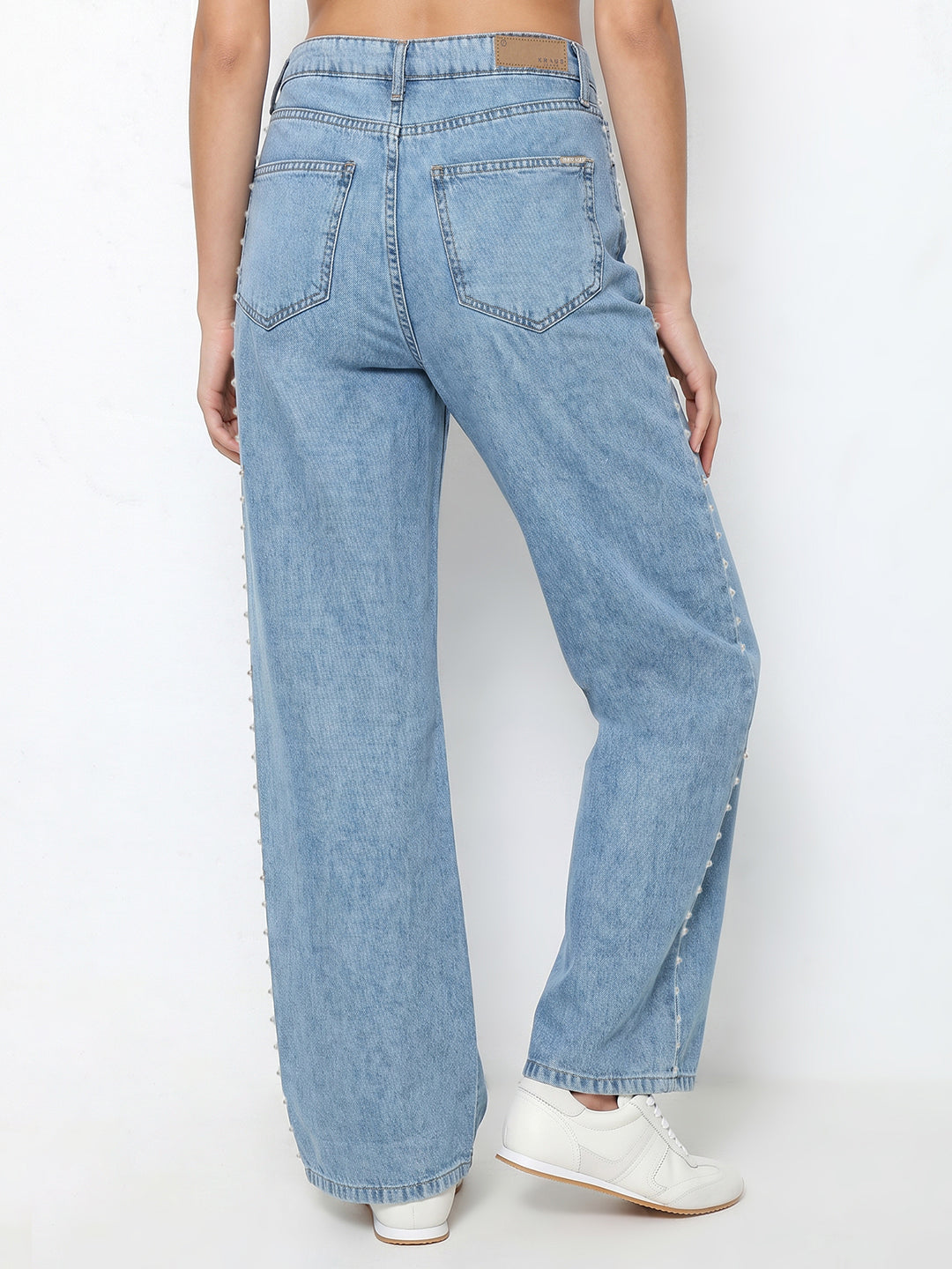 Women Blue Studded Pearl Wide Leg Jeans