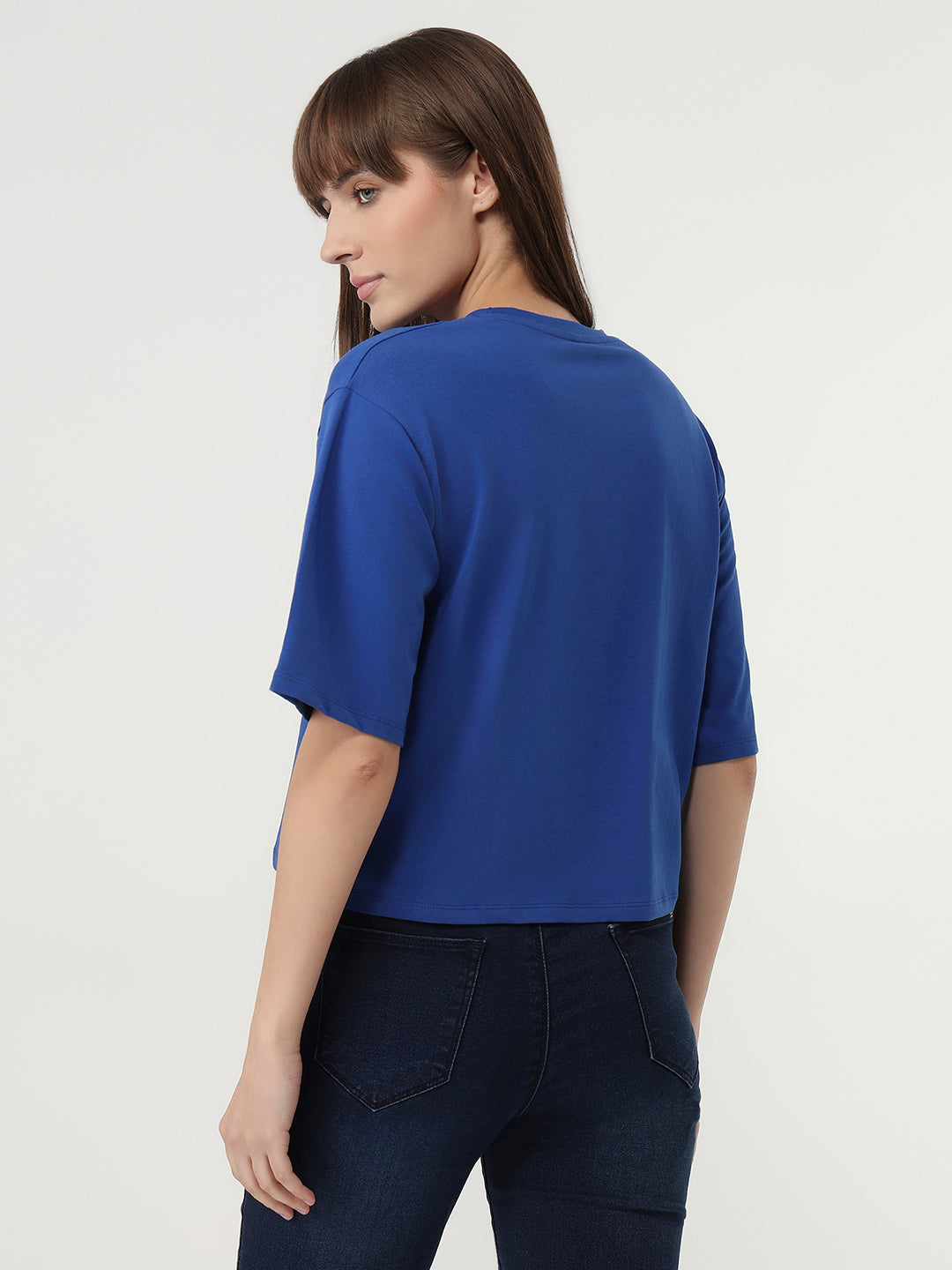 Women Electric Blue Slim Fit Graphic Crop T-Shirt