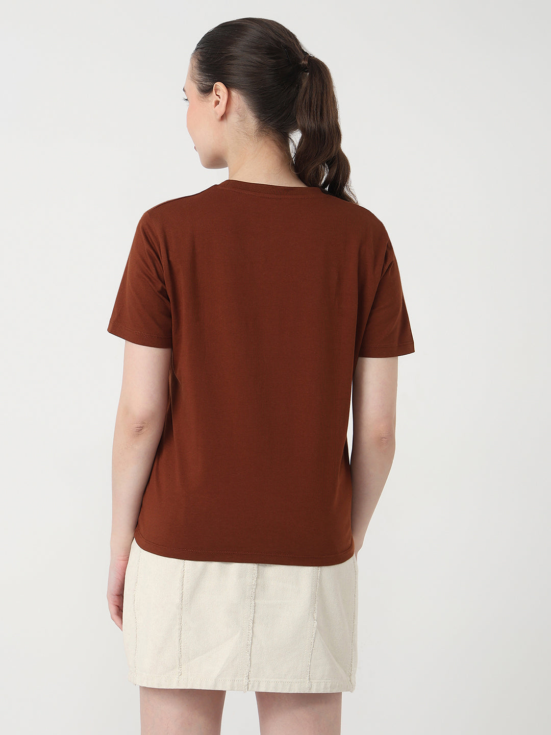 Women Sepia Slim Fit Graphic T-Shirt