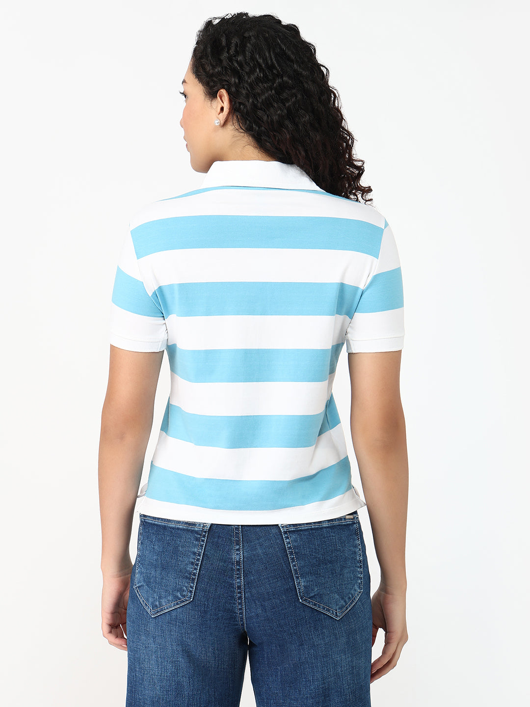 Women Sky/White Slim Fit Polo T-Shirt